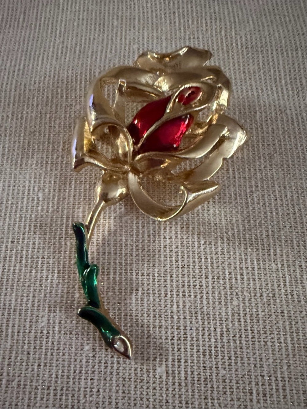 Vintage Gold-Tone Rose Pin Brooch with Red and Green Enamel